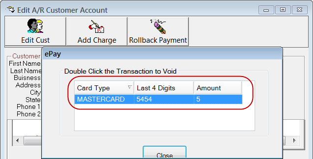 The void ePay window displaying the payments posted for the selected customer.